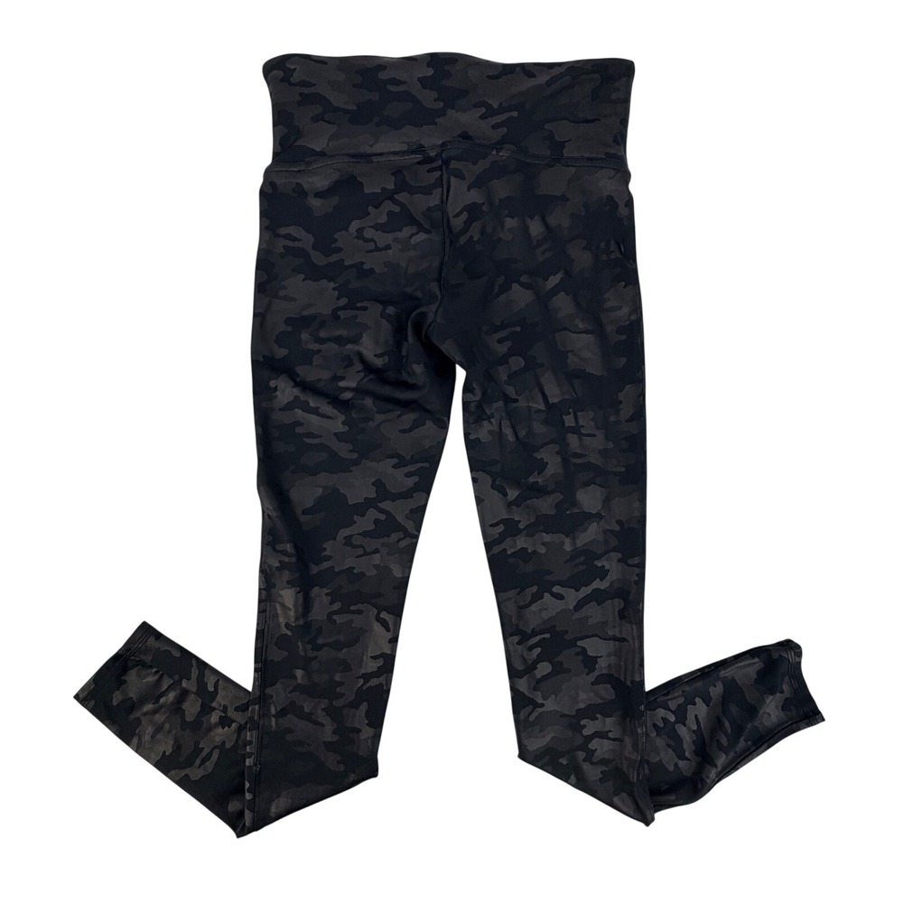 Spanx Vegan Leather Shine Coated Camo Leggings M Black Camouflage High Waist